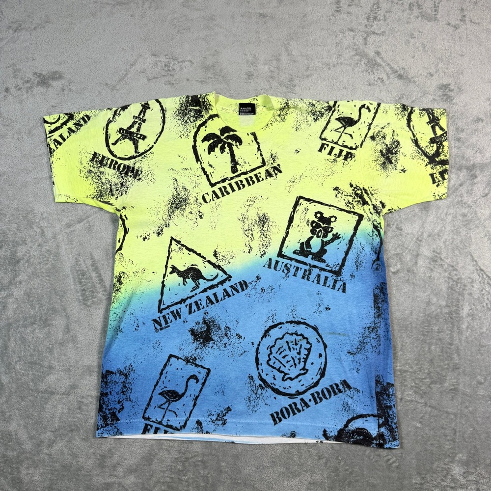 Vintage Screen Stars Mens L T-Shirt Neon Ombre AOP Passport Stamps 90s